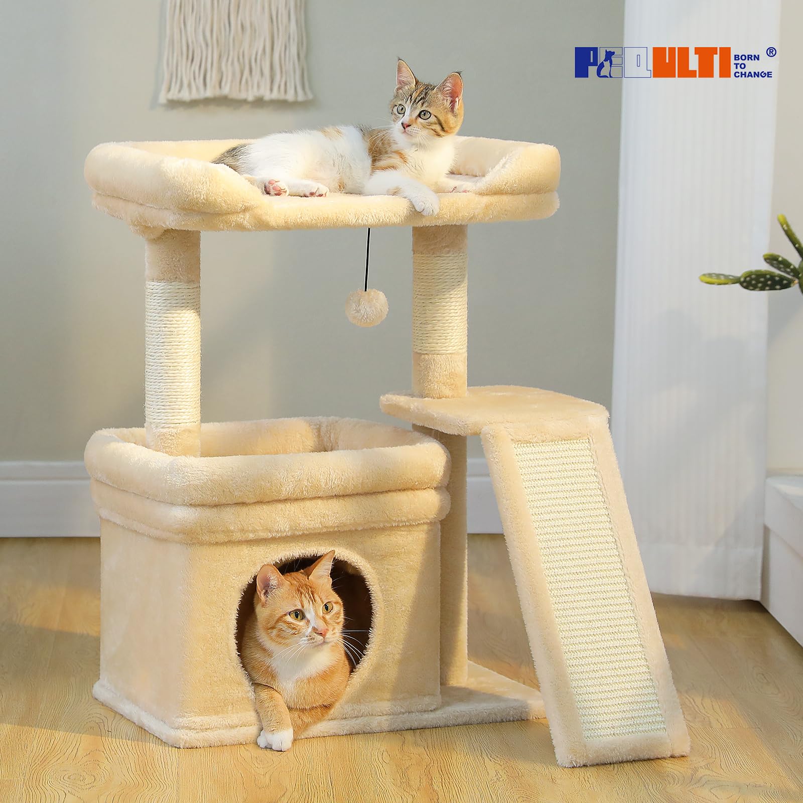PEQULTI beige cat tree blends with décor and offers multiple resting spots