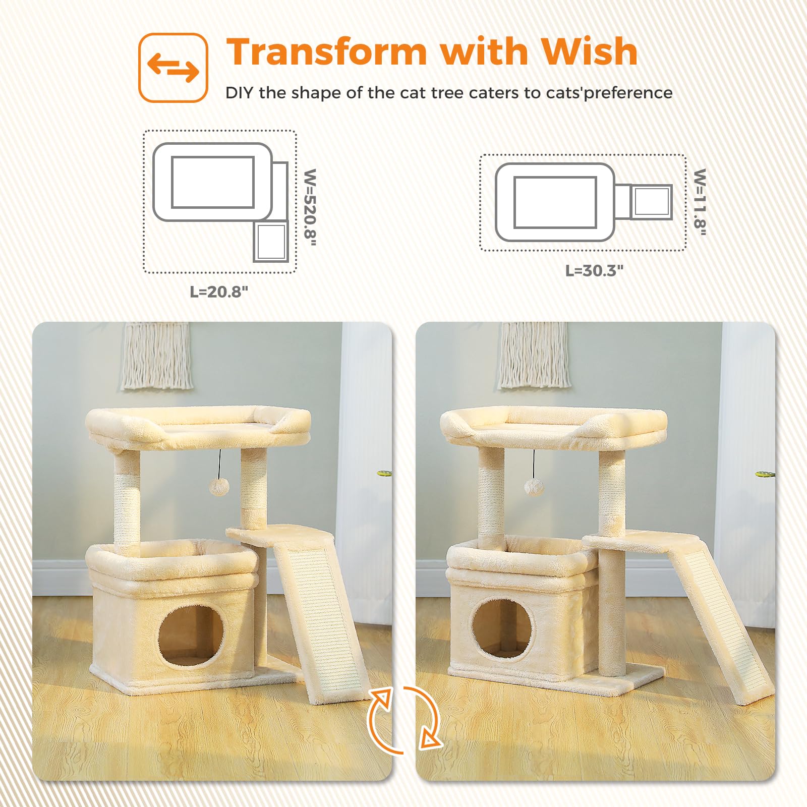 PEQULTI small cat tree sisal posts encourage scratching and furniture protection