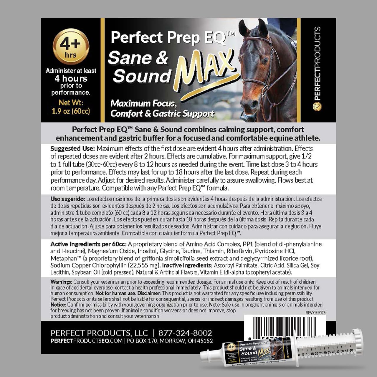 Perfect Prep EQ Sane and Sound 60cc tube highlights long-lasting calming support.