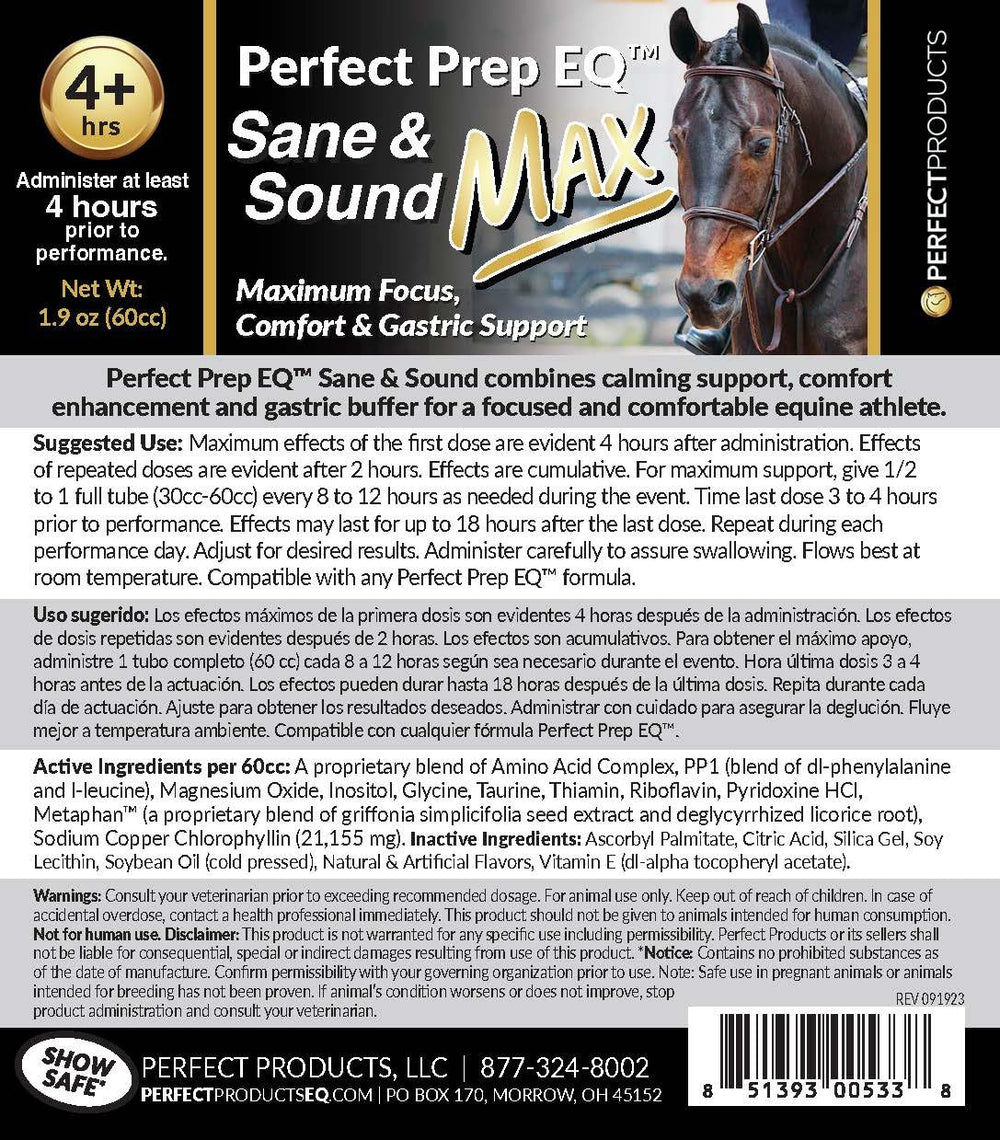 Perfect Prep EQ Sane and Sound on shelf beside event calendar showing show-ready calm.