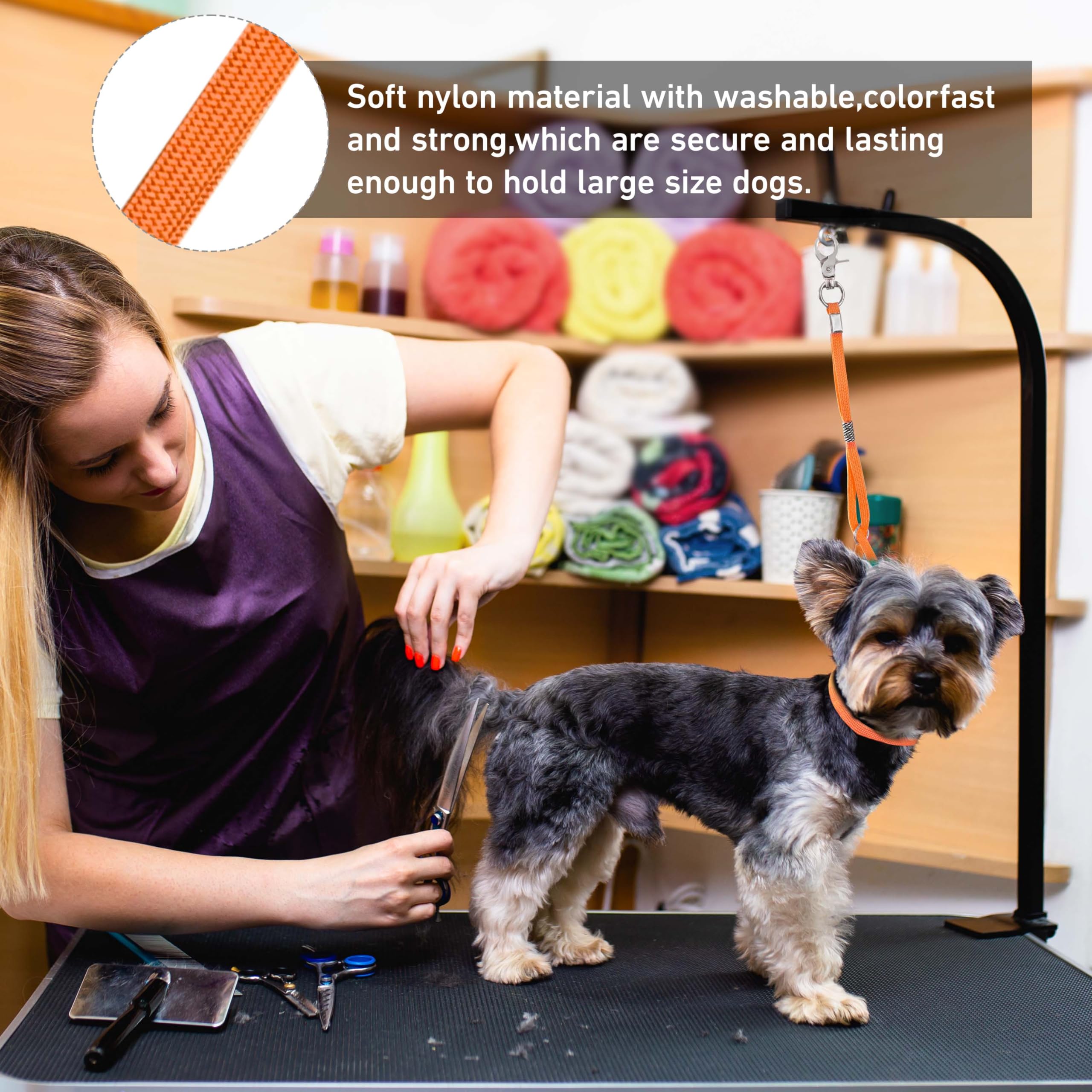 Adjustable buckle with O-ring prevents backing out during grooming.