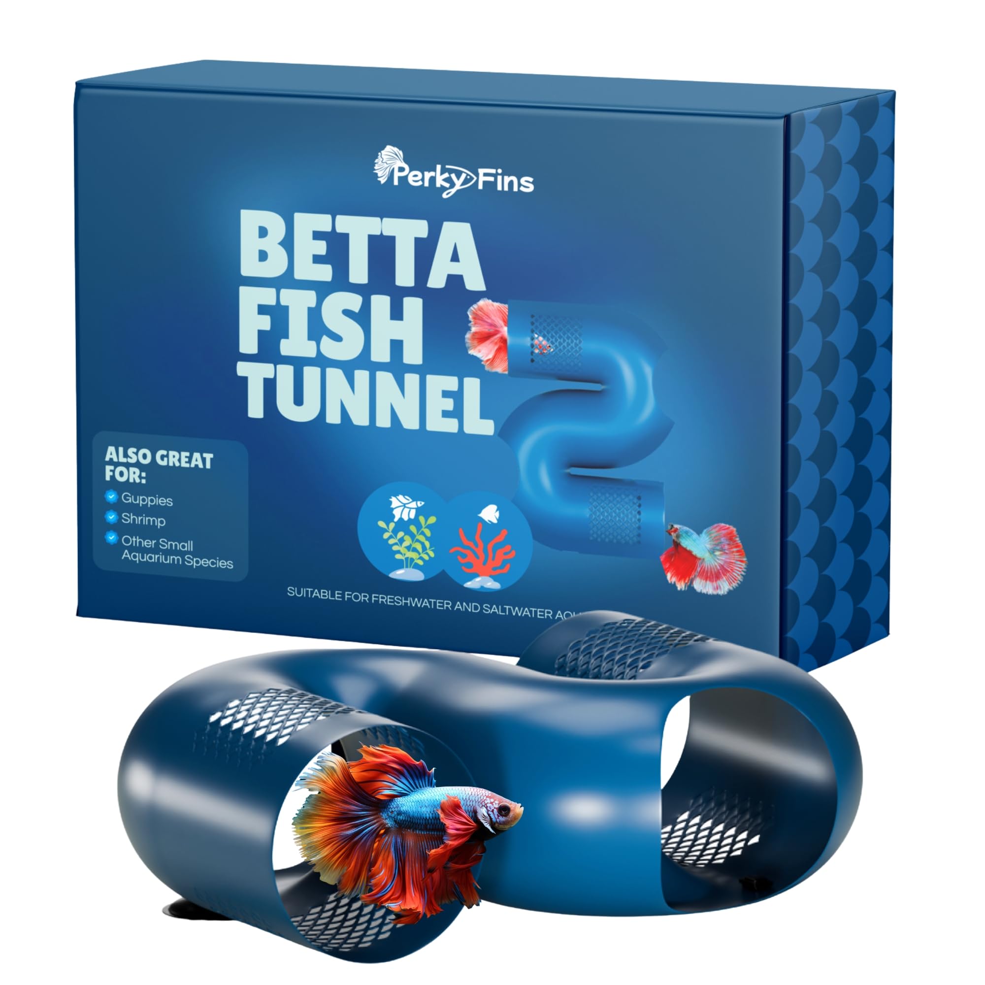 Perky Fins Betta Tunnel Hideout Blue provides a cozy swim-through retreat for curious fish.