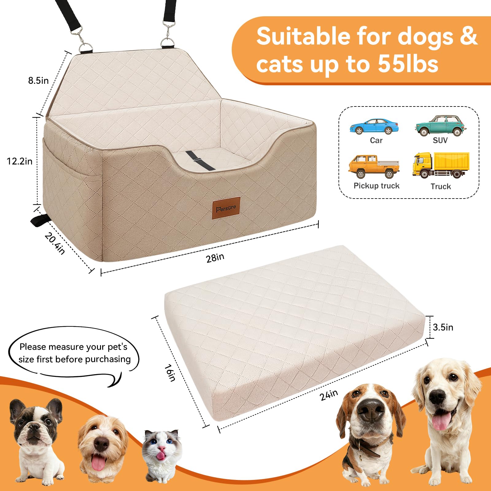 Persure dog car seat removable washable cover for easy cleaning
