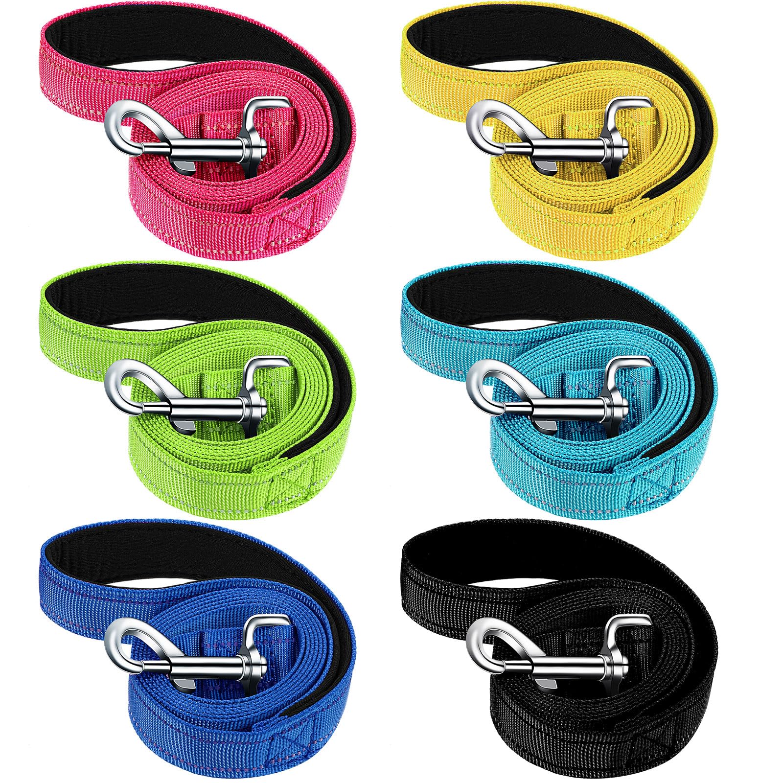 Perthlin six-pack 5ft nylon dog leashes with reflective strips for safer night walks.