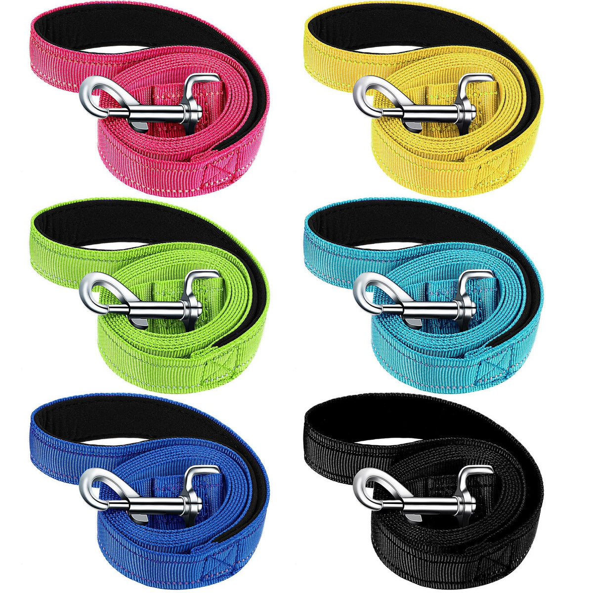 Perthlin six-pack 5ft nylon dog leashes with reflective strips for safer night walks.