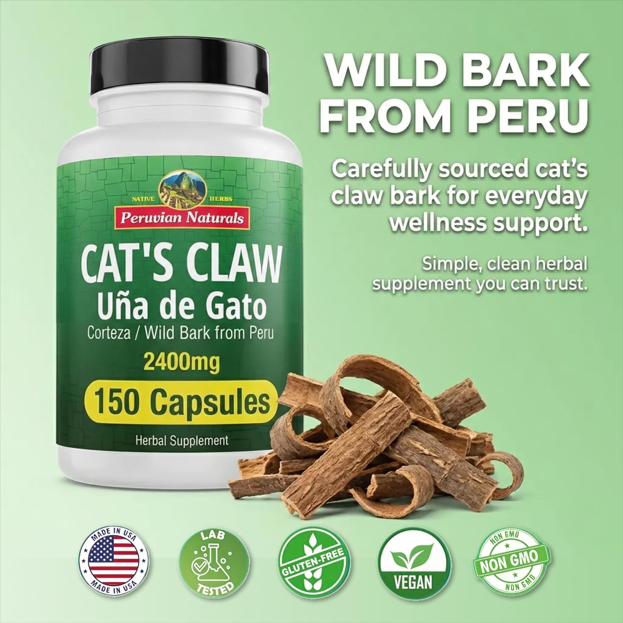 Closeup of Peruvian Naturals Cat's Claw capsules showing vegan pills