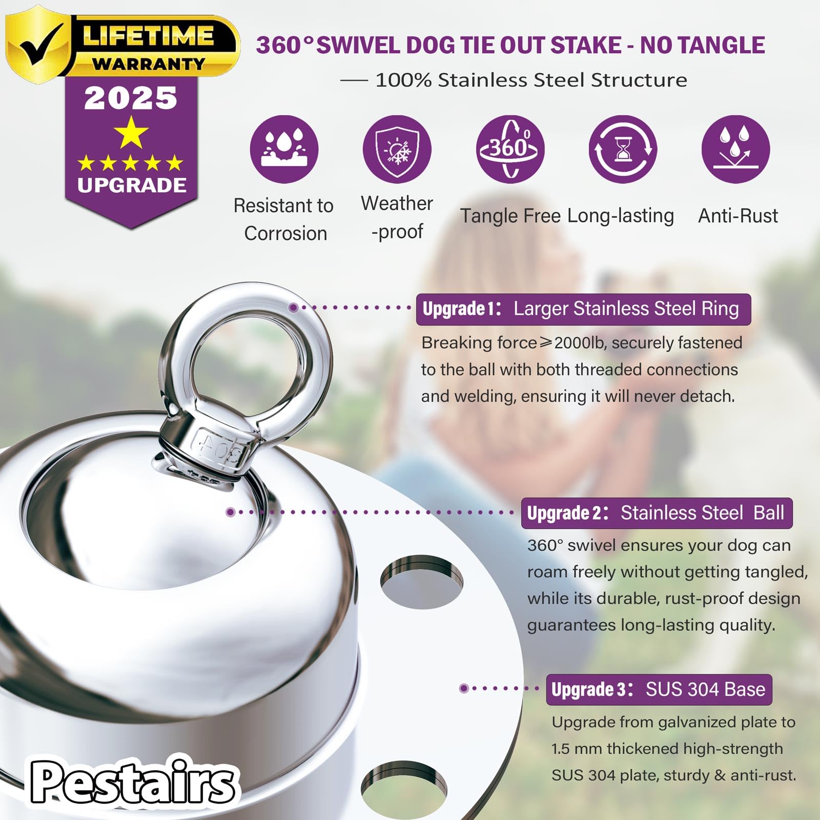 Pestairs dog stake assembly with six anchors for solid ground hold