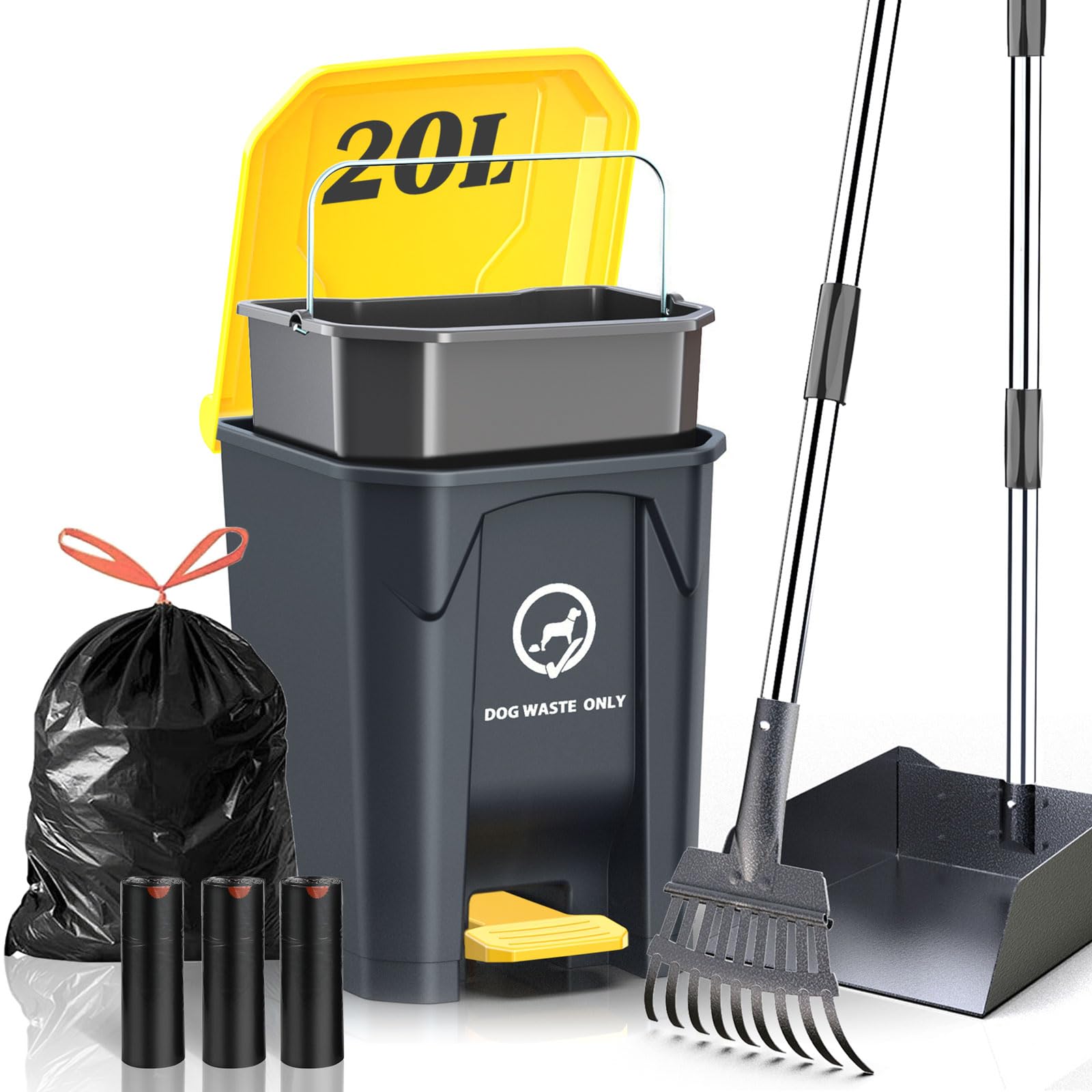 Pestairs outdoor poop trash can with scoop in action for yard cleanup