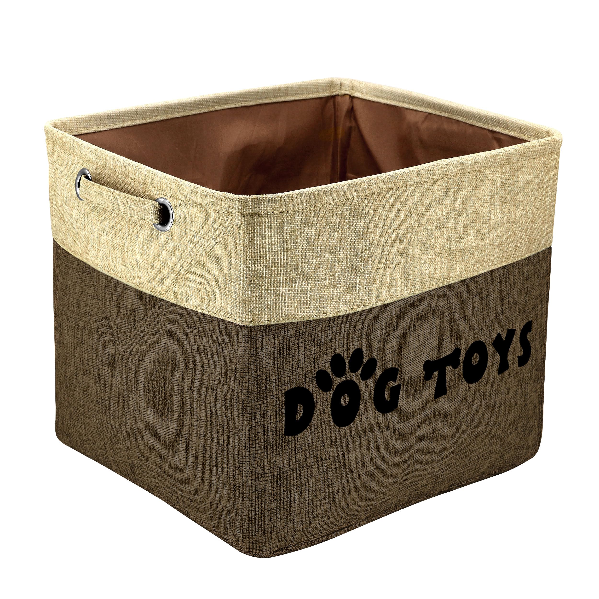 PET ARTIST dog toy basket, brown, side view, easy-grab handles for organization.