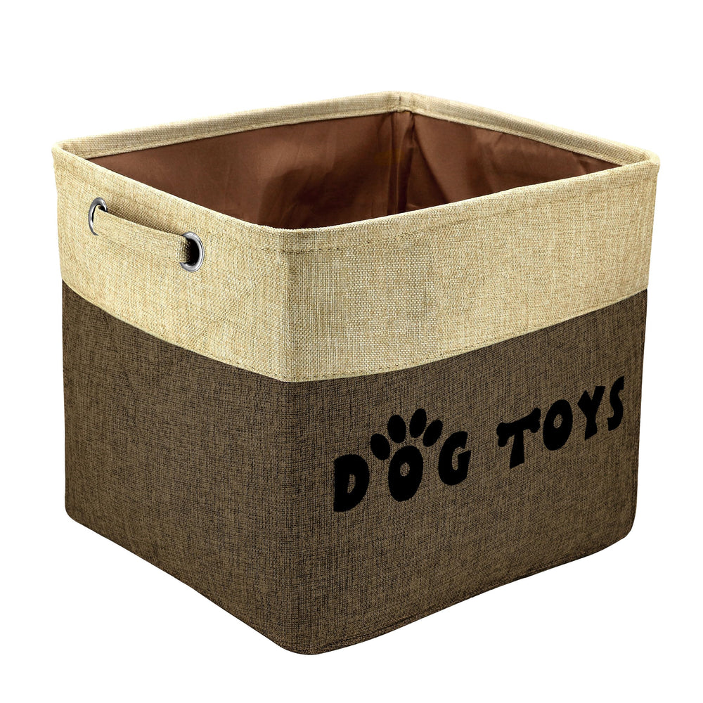 PET ARTIST dog toy basket, brown, side view, easy-grab handles for organization.