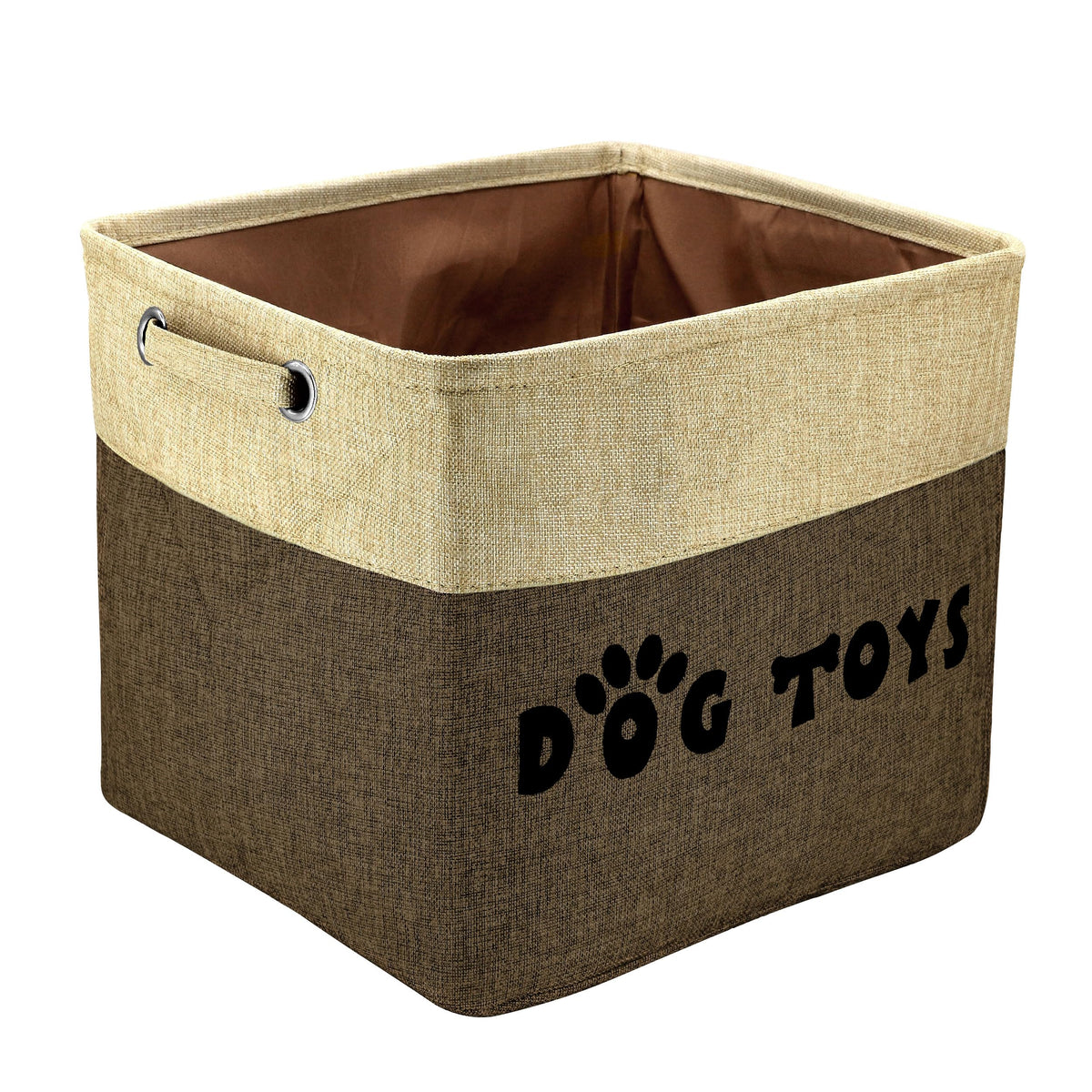 PET ARTIST dog toy basket, brown, side view, easy-grab handles for organization.