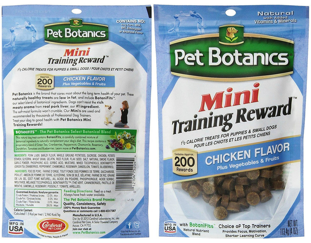 Pet Botanics Mini Training Rewards bacon bag closeup, savory option for quick praise during sessions.