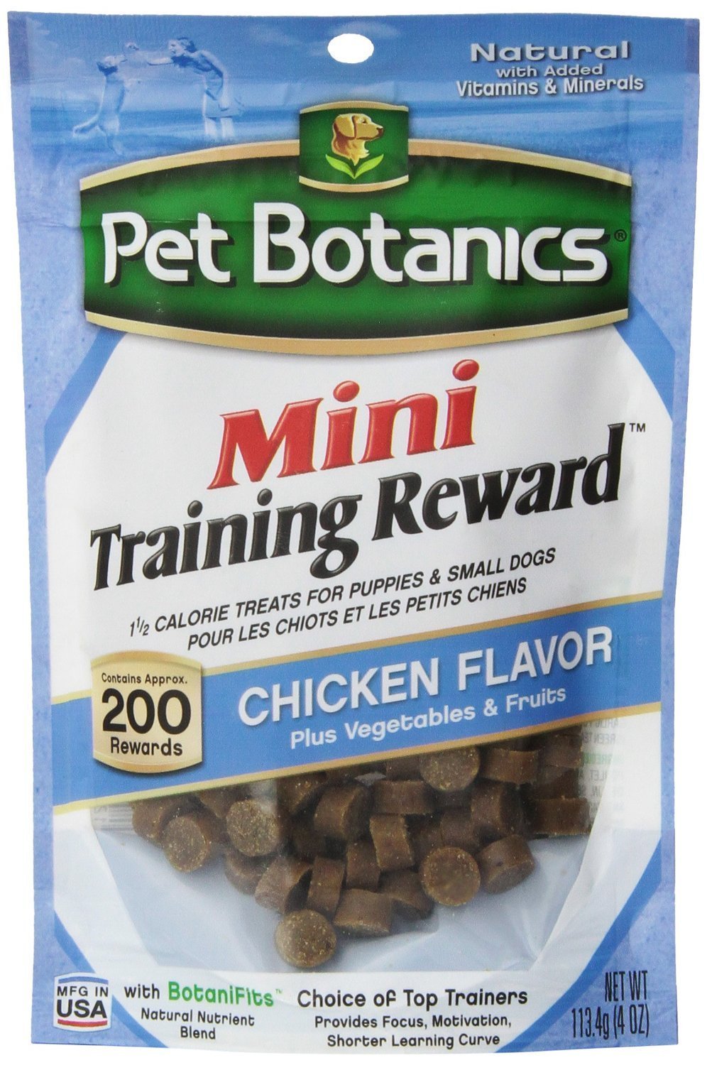 Pet Botanics Mini Training Rewards open pack, soft, moist texture appealing to dogs.