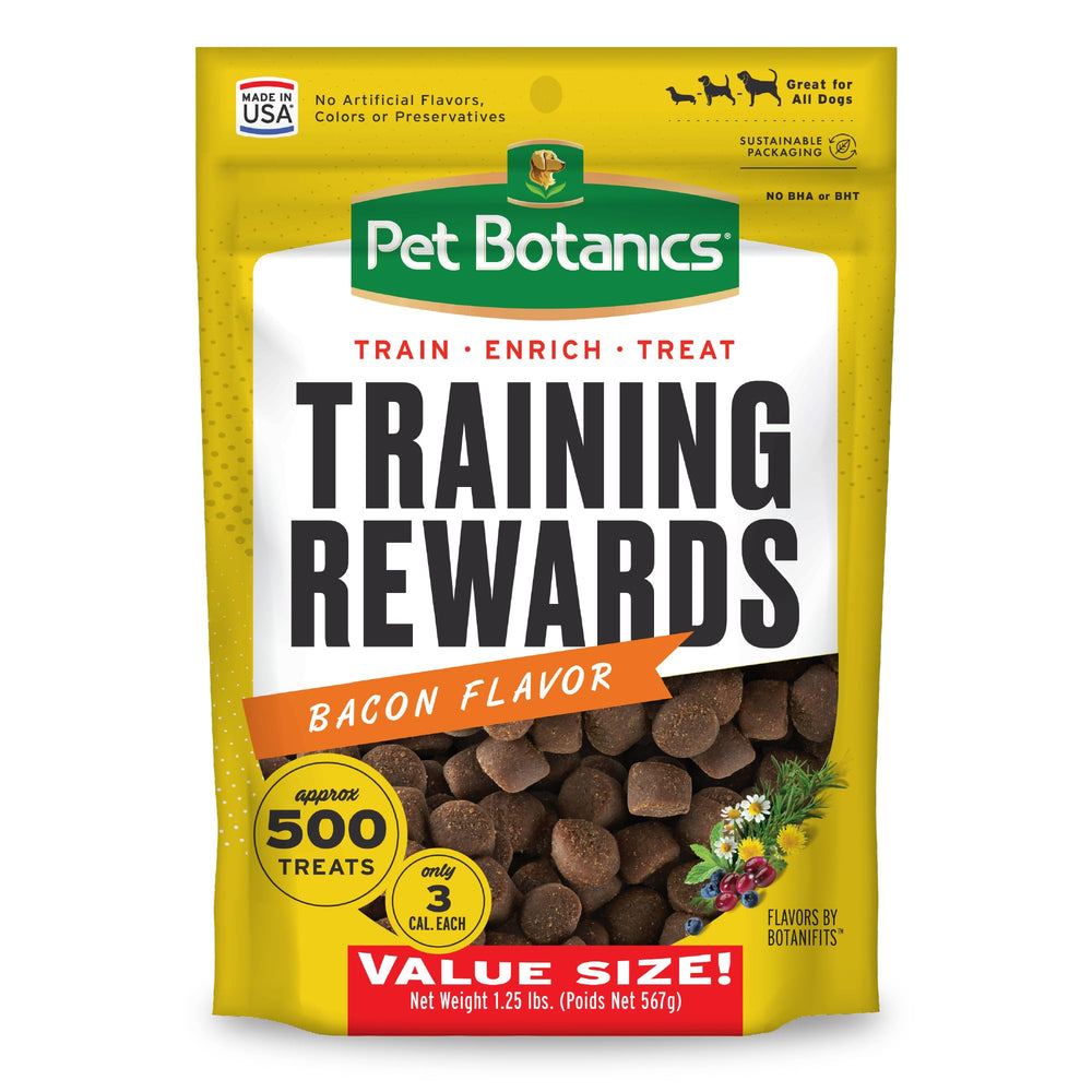 Pet Botanics Training Rewards bacon bag front, enticing aroma to boost training motivation.