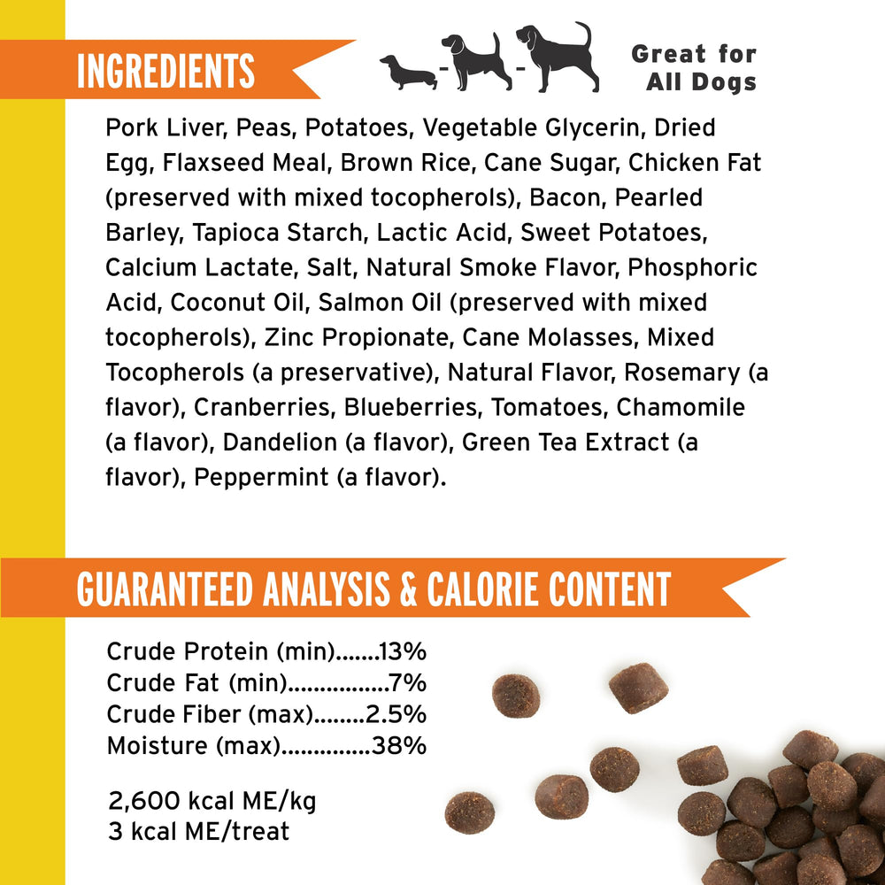 Pet Botanics Training Rewards bacon treat close-up, savory flavor for focused sessions.