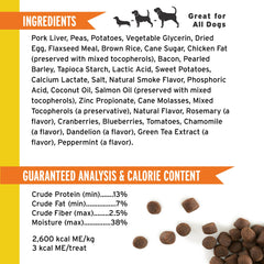 Pet Botanics Training Rewards bacon treat close-up, savory flavor for focused sessions.