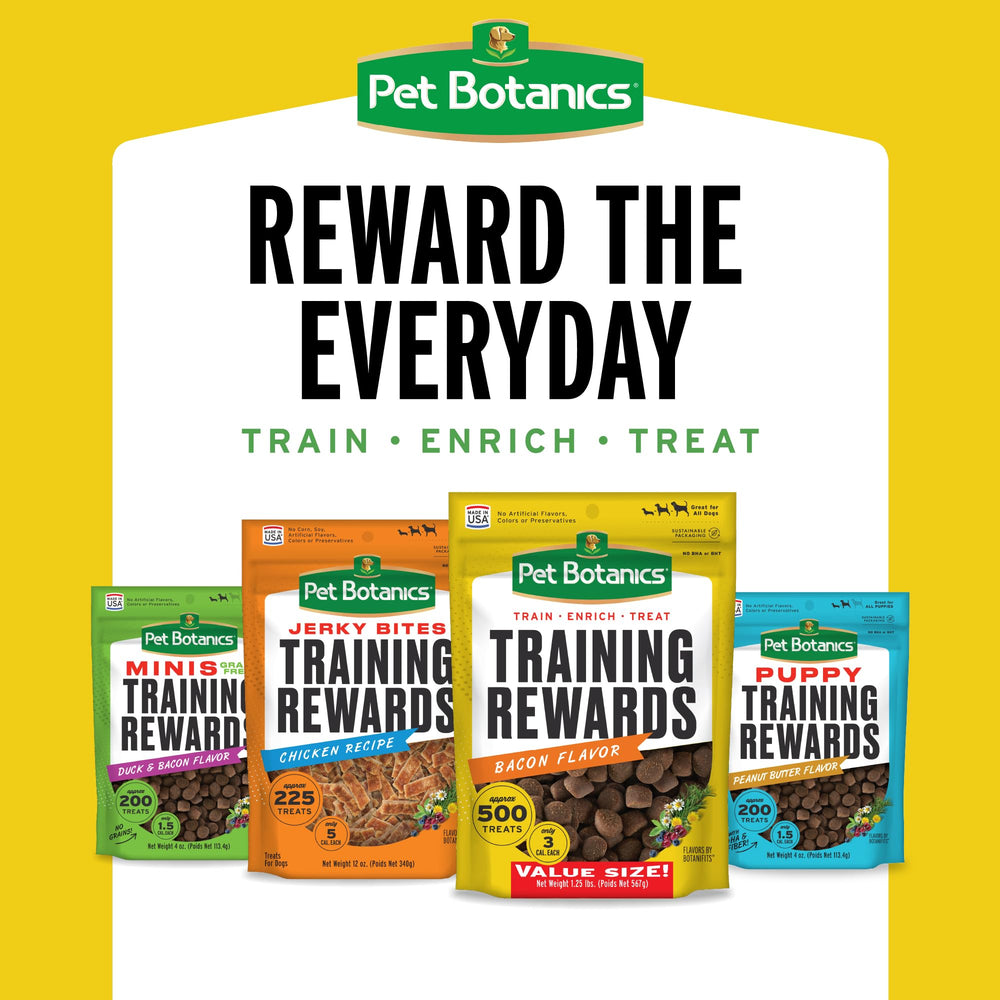 Pet Botanics Training Rewards Made in the USA badge, trusted quality.