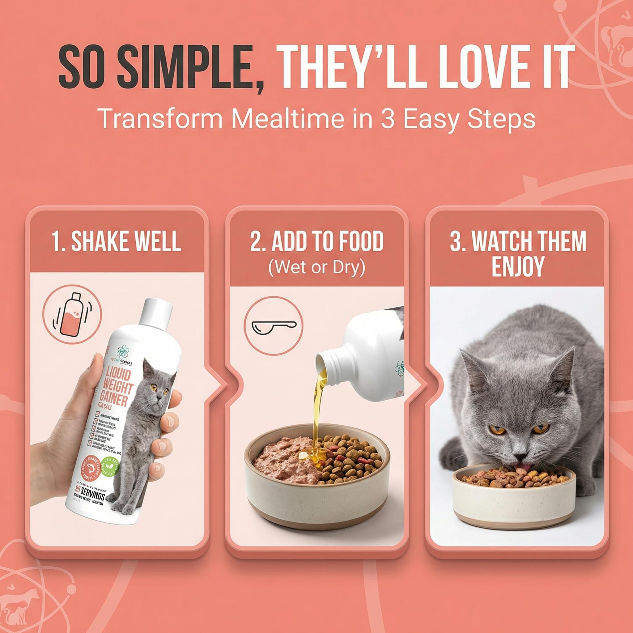 PET CARE Sciences cat eating with weight gainer appears appetizing to picky eaters.