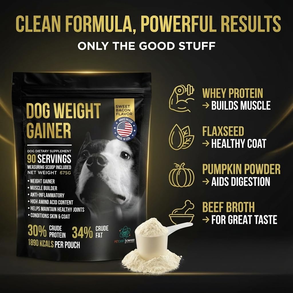 PET CARE Sciences weight gainer powder in a bowl mixed with food.