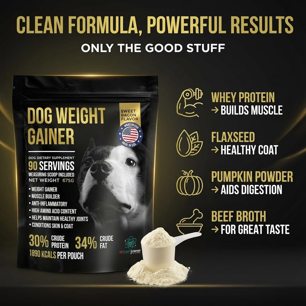 PET CARE Sciences weight gainer powder in a bowl mixed with food.