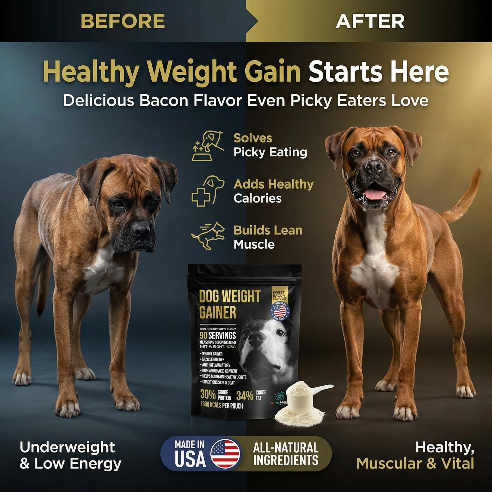 PET CARE Sciences weight gainer scoop with powder for easy dosing.