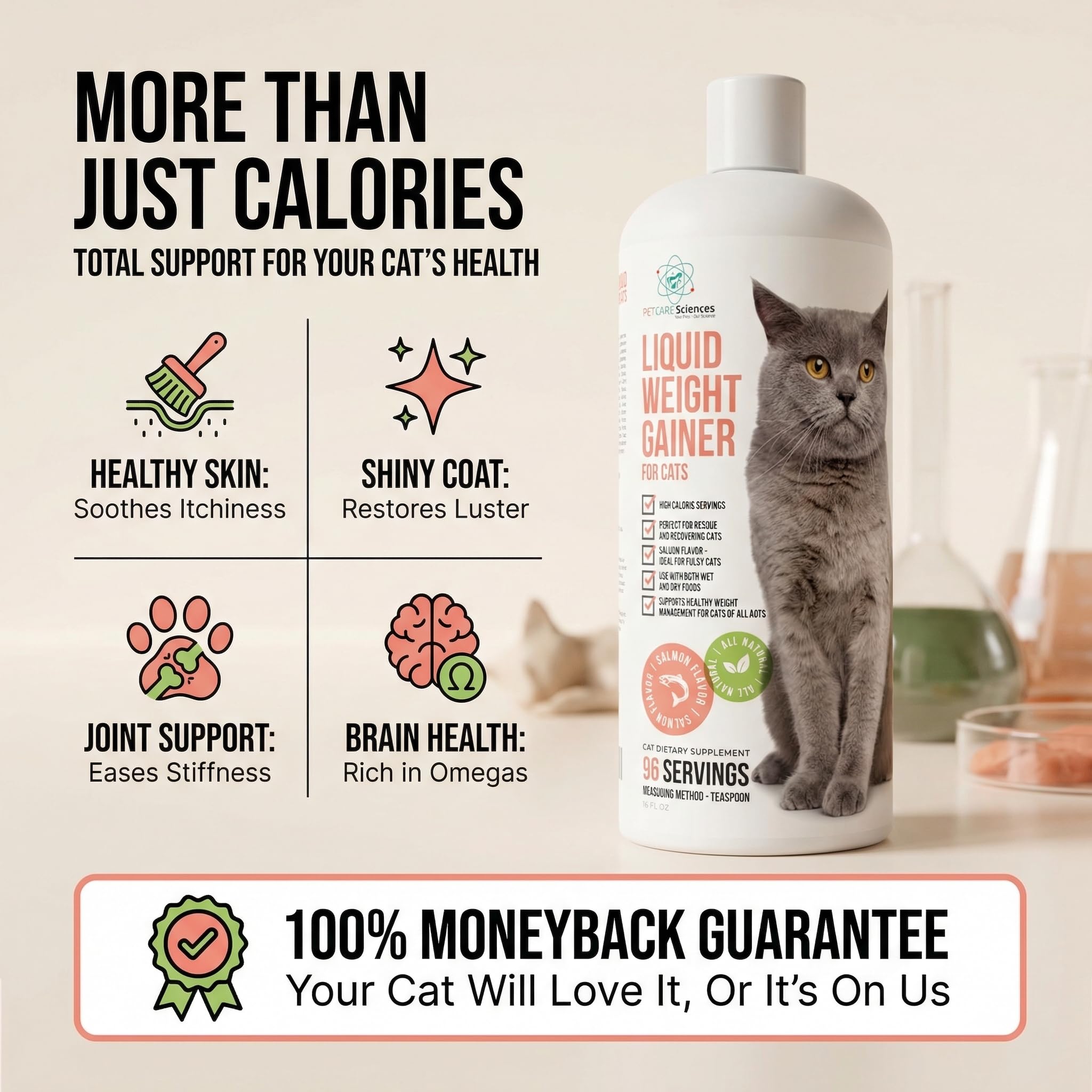 PET CARE Sciences weight gain for senior cats adds energy for daily activities.
