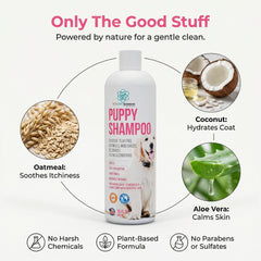 PET CARE Sciences Tearless Puppy Shampoo coconut oil detail highlights coat hydration.