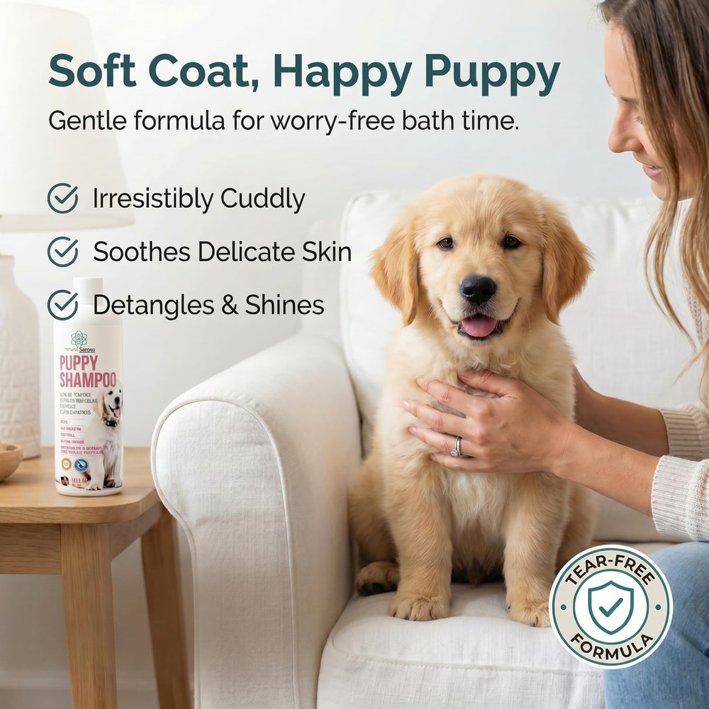 PET CARE Sciences Tearless Puppy Shampoo rich foam demonstrates gentle cleansing.