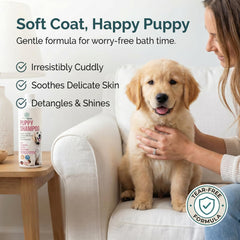 PET CARE Sciences Tearless Puppy Shampoo rich foam demonstrates gentle cleansing.
