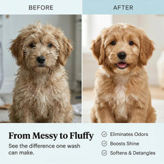 PET CARE Sciences Tearless Puppy Shampoo oats and coconut indicate skin nourishment.