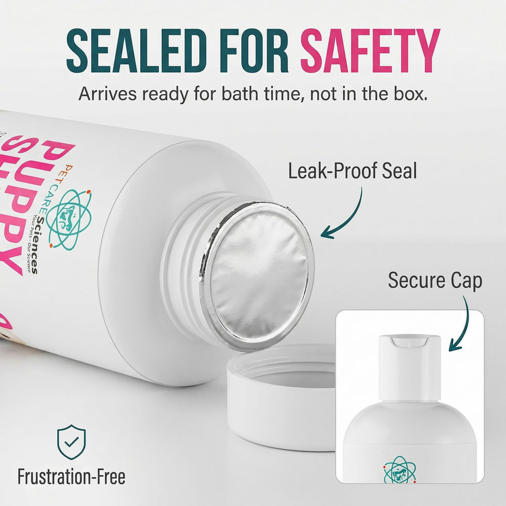 PET CARE Sciences Tearless Puppy Shampoo label emphasizes USA-made, natural ingredients.