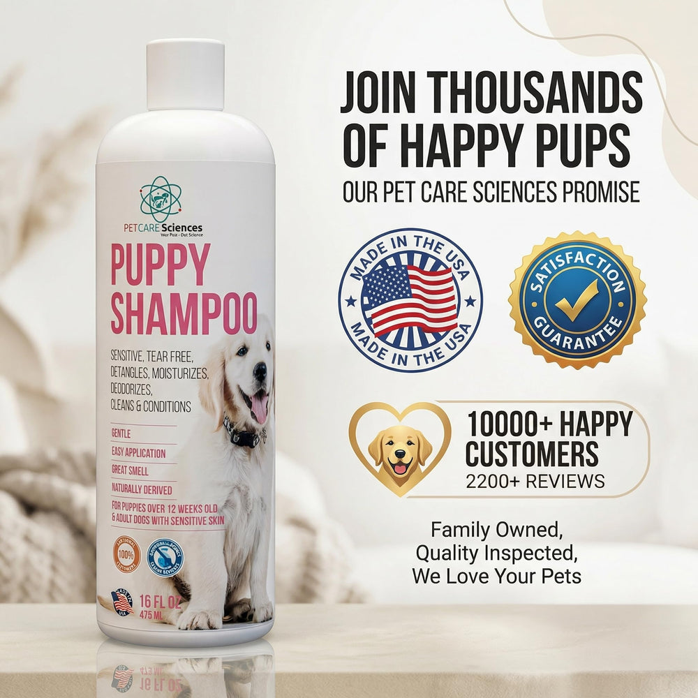 PET CARE Sciences Tearless Puppy Shampoo pump dispensing for easy application.