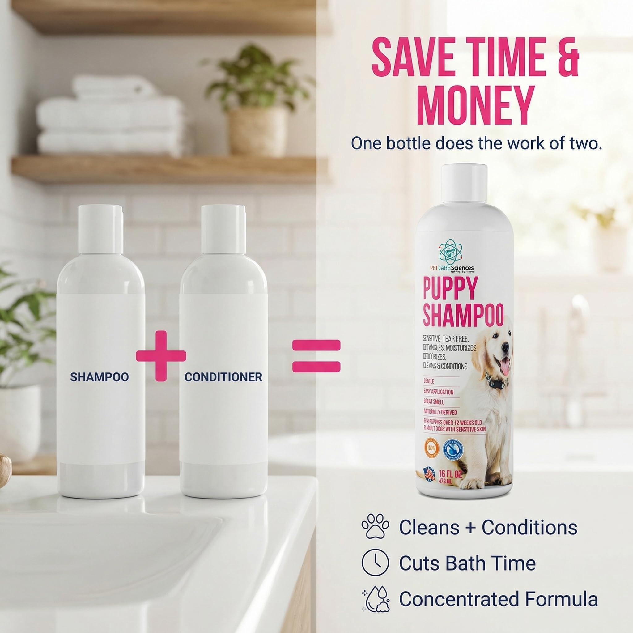 PET CARE Sciences Tearless Puppy Shampoo puppy during bath with soft coat.