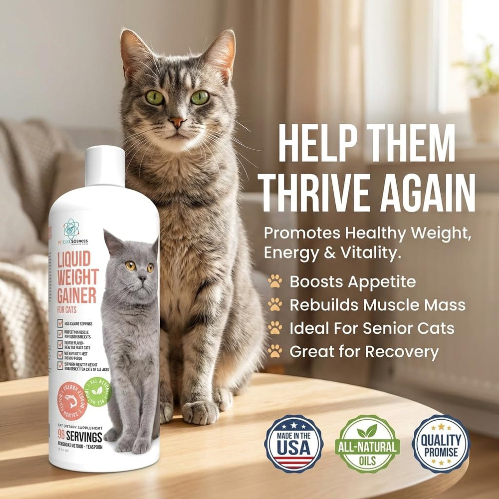 PET CARE Sciences weight gainer label closeup highlights ingredients and USA-made quality.