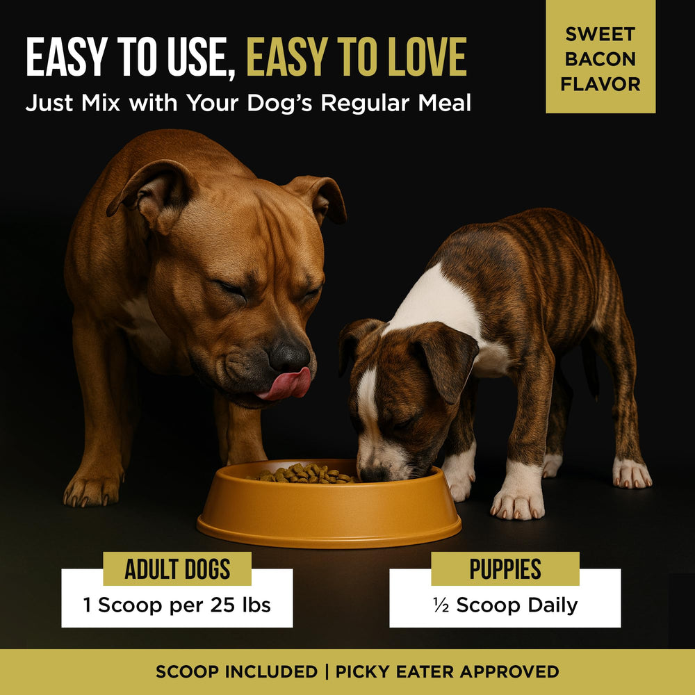 PET CARE Sciences weight gainer powder dispensing shows simple mix-in for meals.