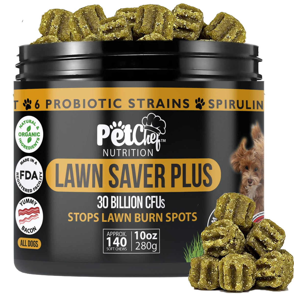 Pet Chef Nutrition Lawn Saver bottle showing lawn-protecting formula for dogs