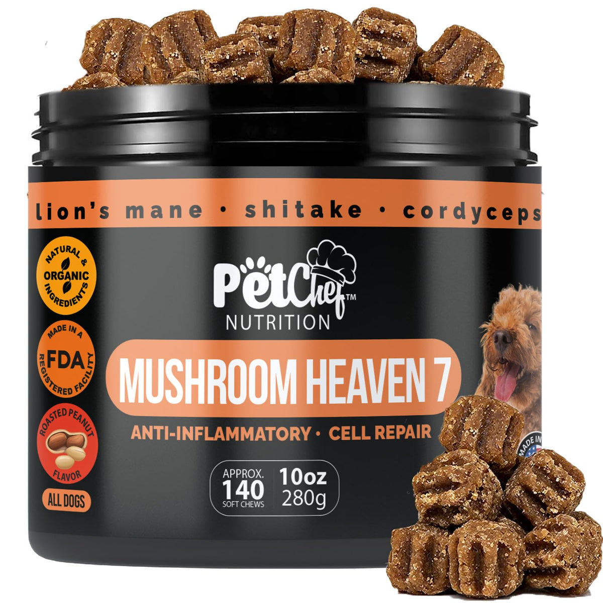 Pet Chef Nutrition turkey tail mushroom chews bottle highlighting potential immune support for dogs