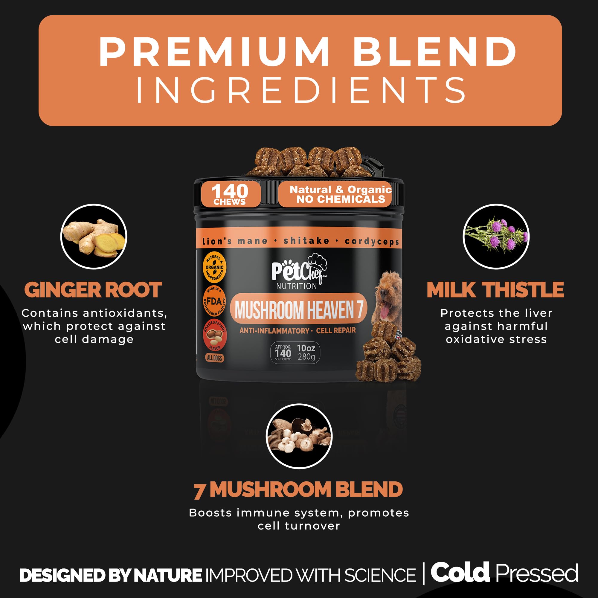Milk thistle and ginger root close-up from Pet Chef Nutrition shows detox and digestion support