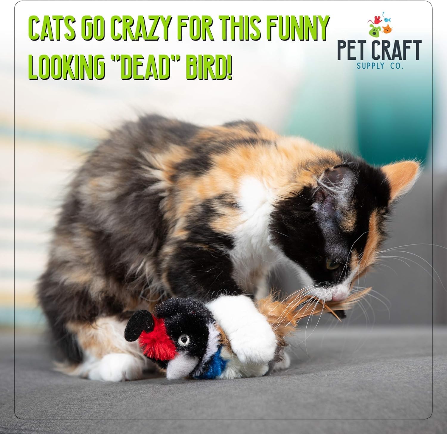 Pet Craft Supply Quirky Quail toy highlights feathers for fluttery, soft play.