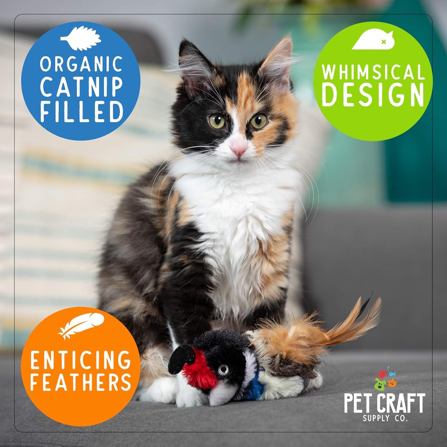 Pet Craft Supply Kitty Condor Quirky Quail toy close-up shows plush texture for batting.