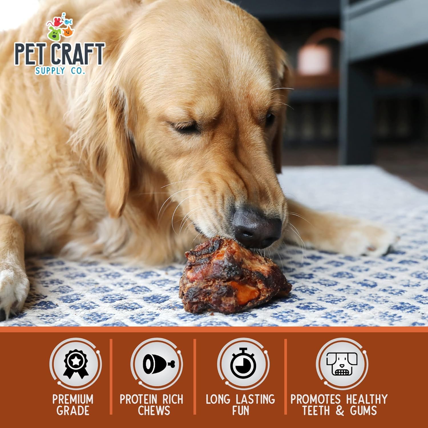 Pet Craft Supply Meaty Buffalo Knee Caps Bones during a chew session for aggressive chewers.