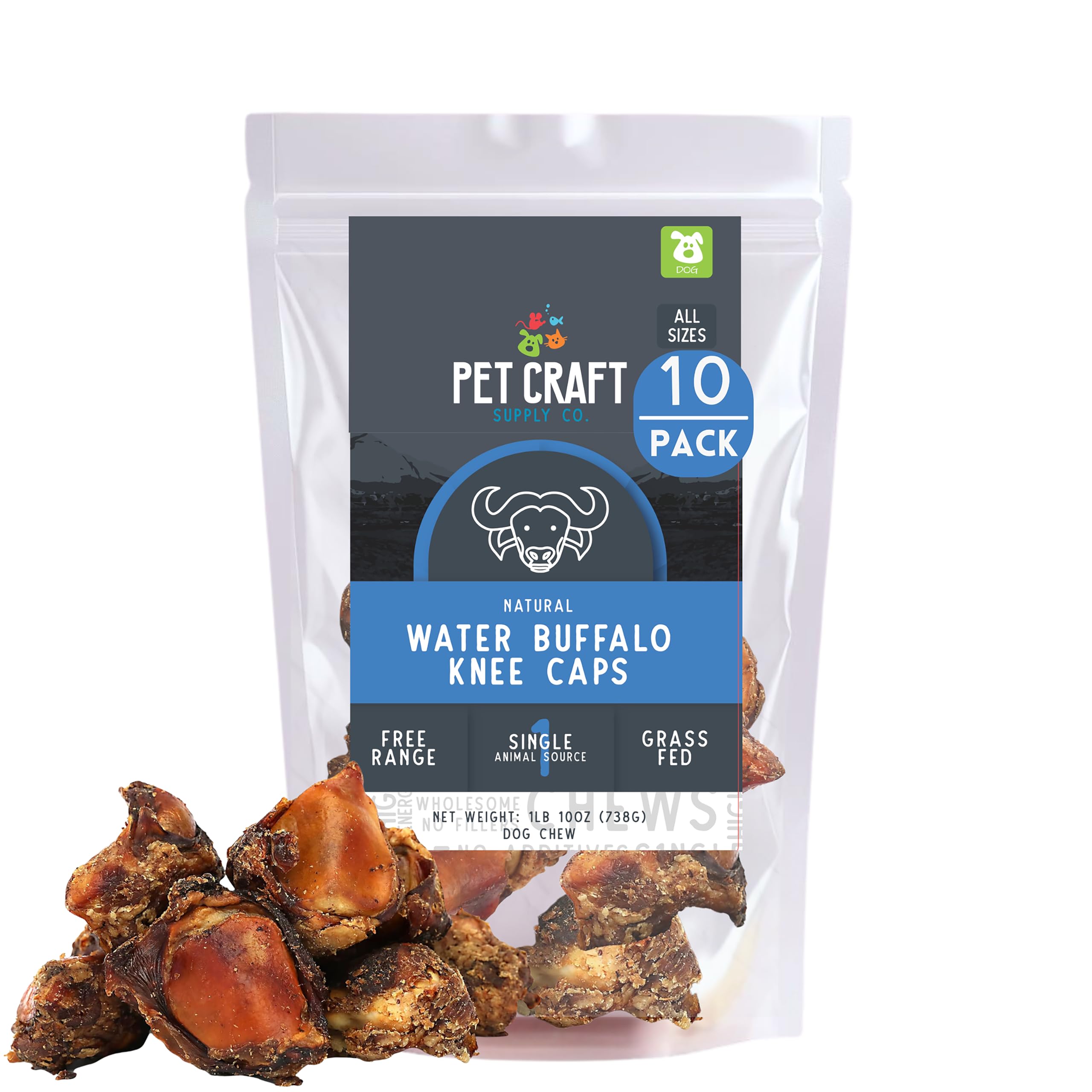 Pet Craft Supply Meaty Buffalo Knee Caps Bones 10-pack image highlights long-lasting chew.