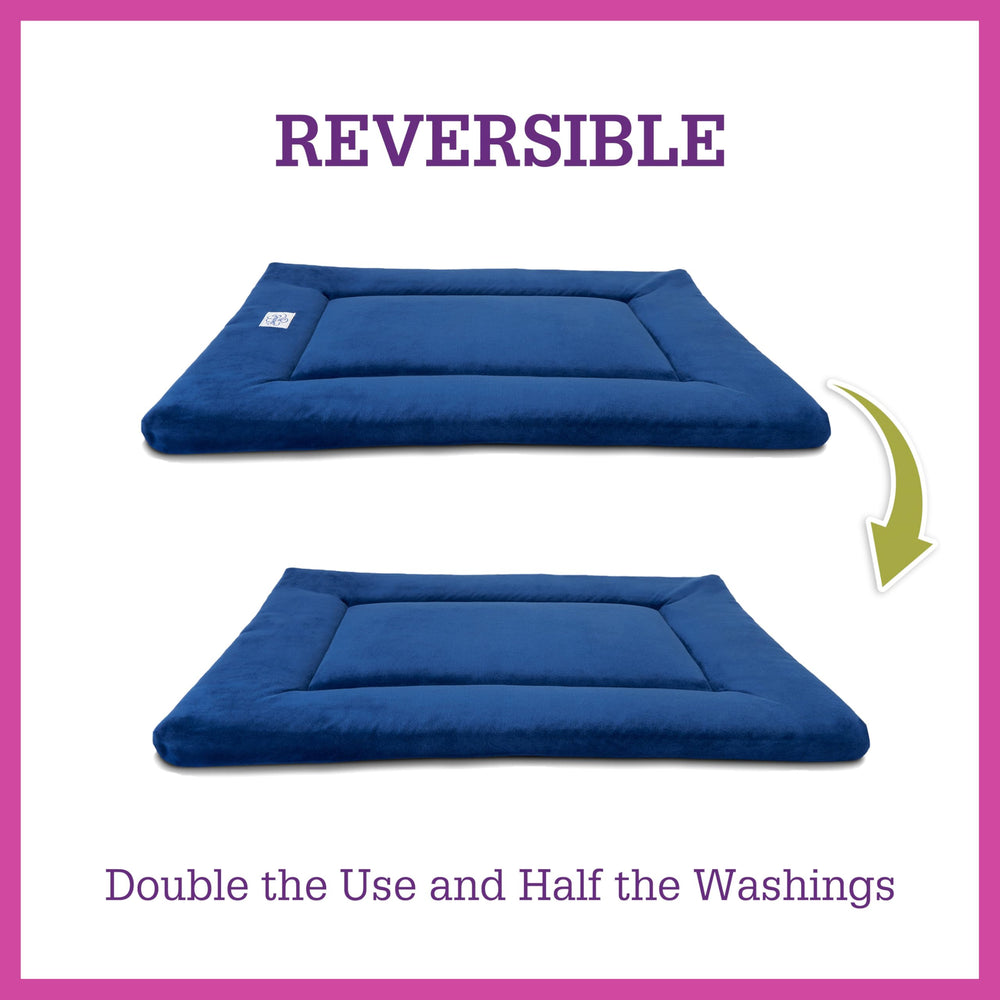 Pet Dreams crate pad with reversible sherpa side for cold or warm days.