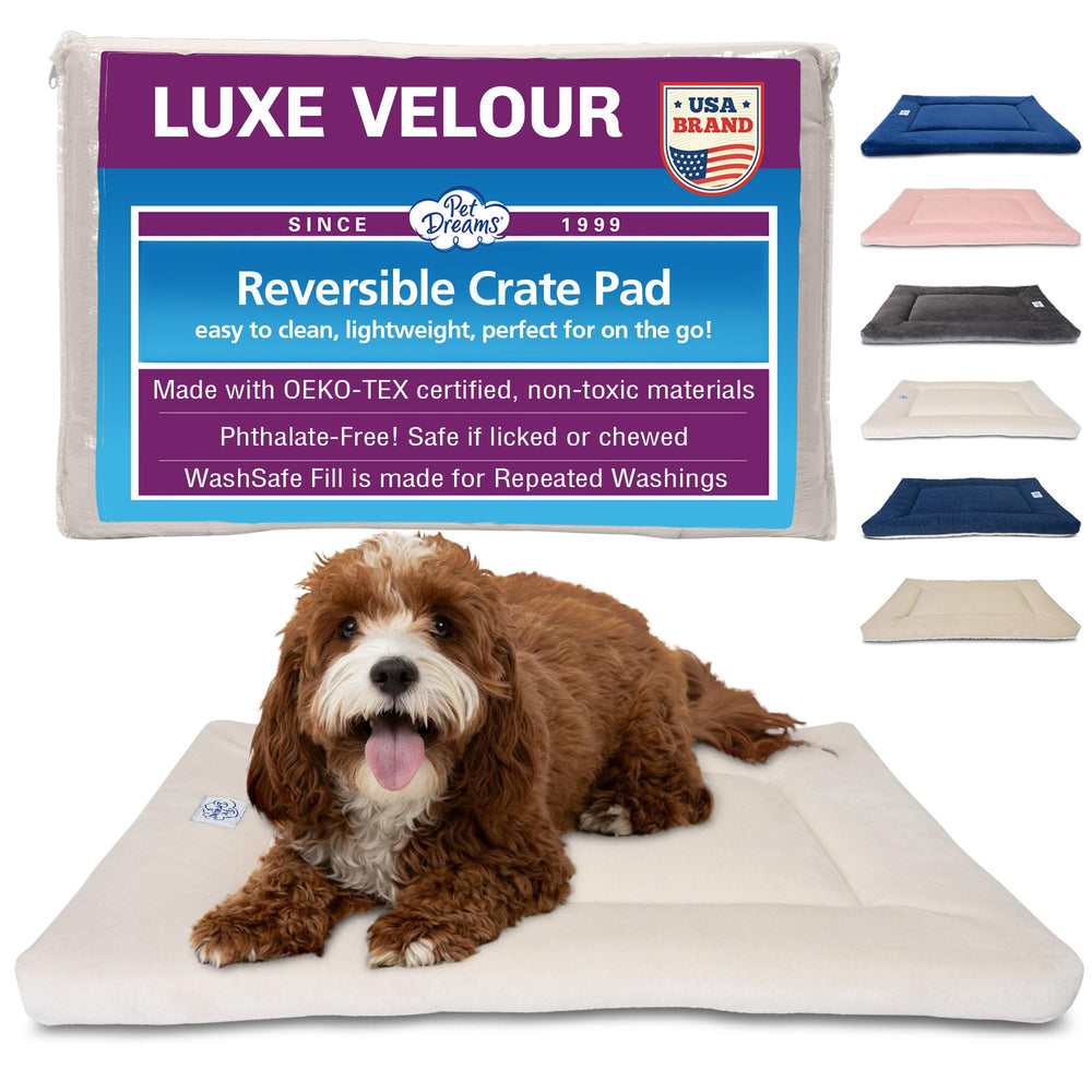 Pet Dreams dog crate pad in ivory 30in sits neatly in a spacious crate for calm rest.