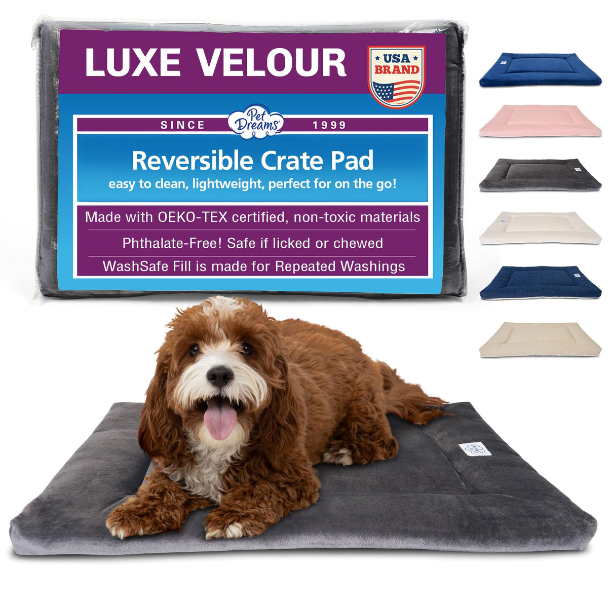 Pet Dreams dog crate pad washable for quick cleanup.