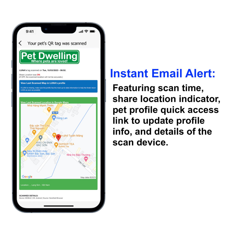 Pet Dwelling QR tag includes lifetime easy-scan guarantee for quick scans