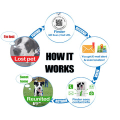 QR code scan display reveals online pet profile for rapid contact