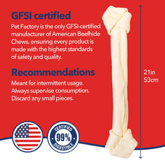 Pet Factory beefhide knotted bone packaging shows product details and flavor.