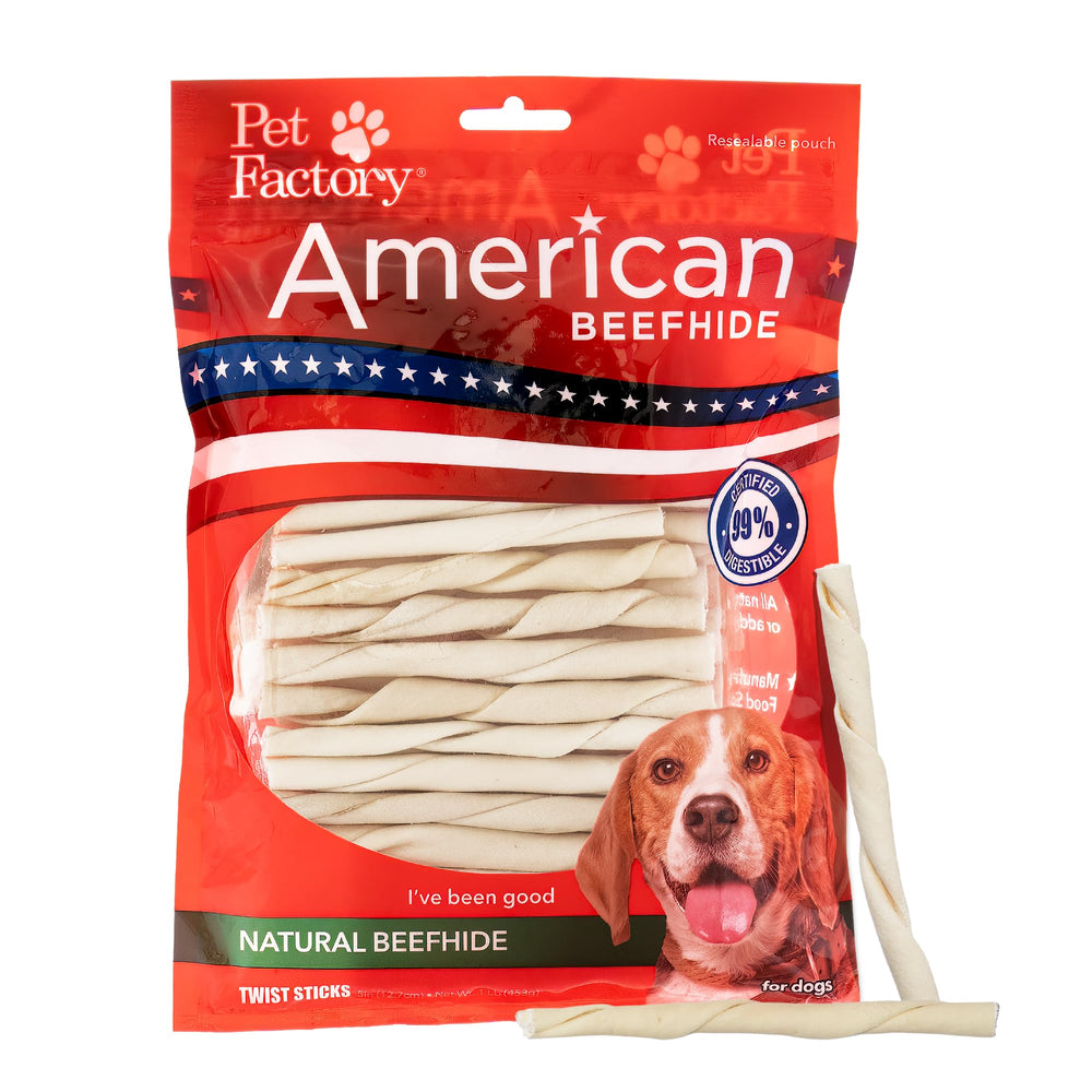 Pet Factory American Beefhide 5in Twist Stick; ideal dental care for small to medium dogs.