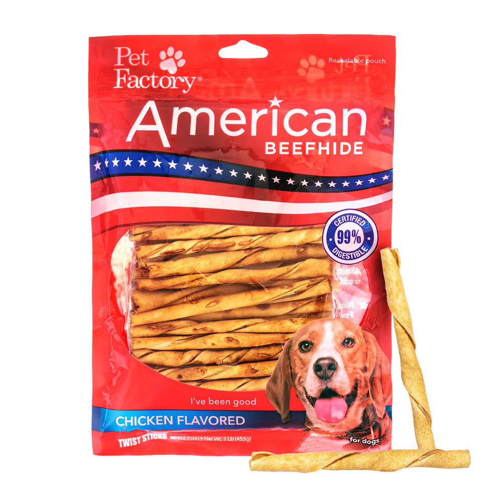 Pet Factory American Beefhide 5in Twist Stick close-up showing a durable rawhide chew for small to medium dogs